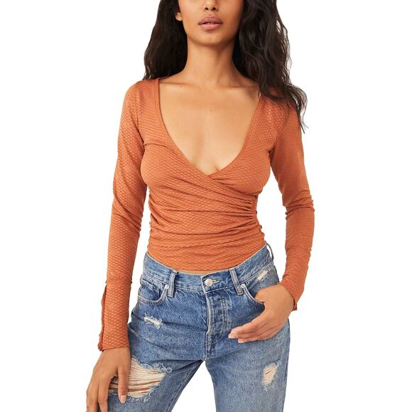Free People Long Sleeve Crossover Button Gathered Orange Penny Top Size Large - Picture 1 of 8